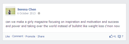 A screenshot of a Facebook status lamenting the state of girls' magazines.